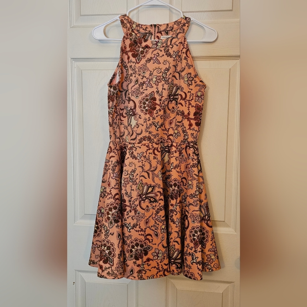 Copper Key Women’s Fit & Flare Dress Pink Brown Cream Paisley High Neck